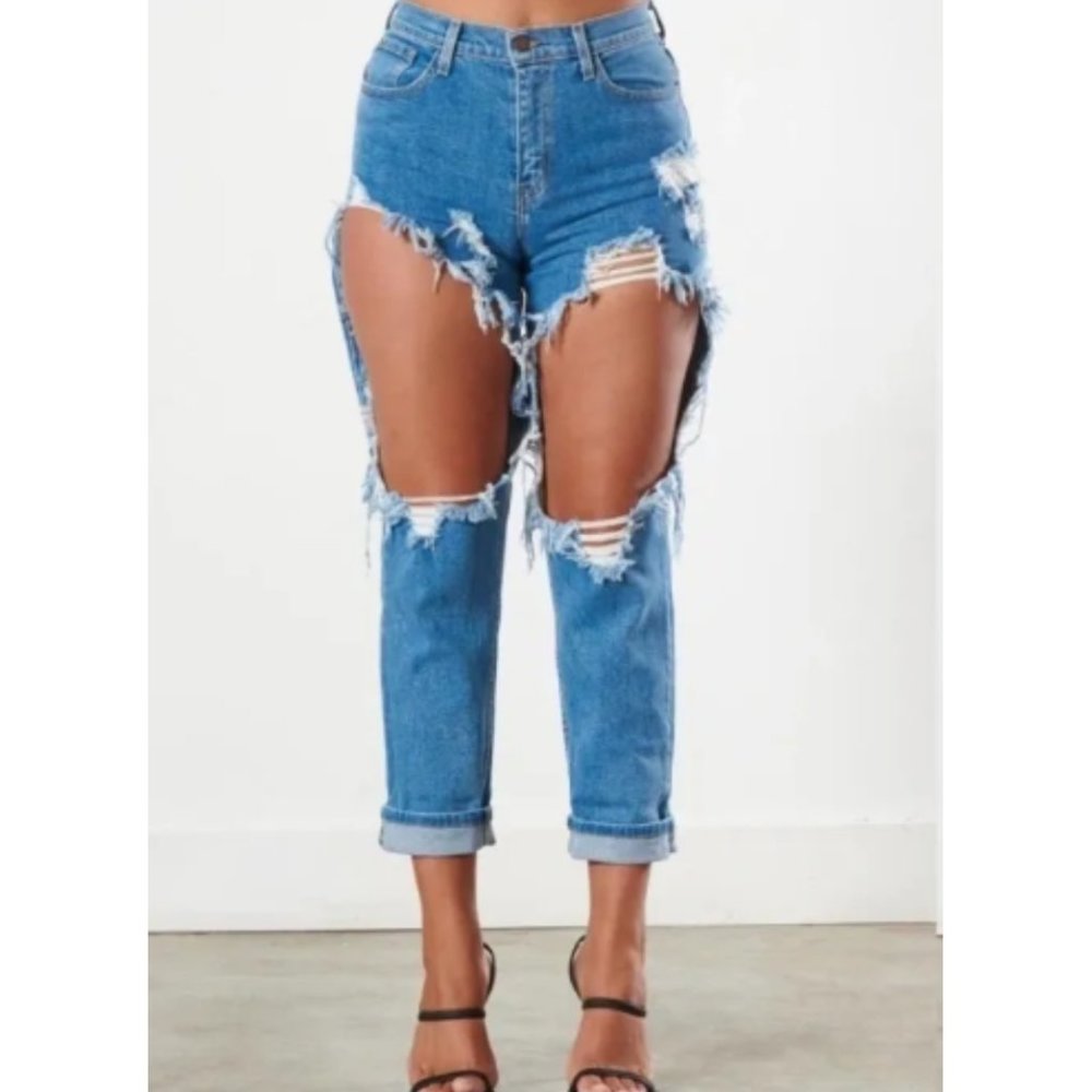 NWT Blue Medium Wash High Rise Distressed DeeStroid Boyfriend Jeans